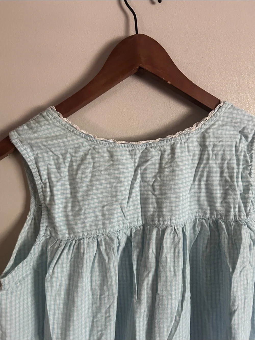 Vintage Amanda Stewart blue gingham floral embroidered ruffle hem nightgown